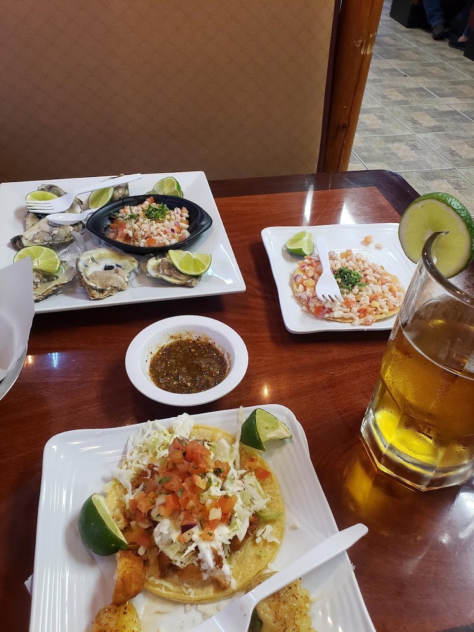 Fish Ceviche Tostada Ostiones and Shrimp Taco